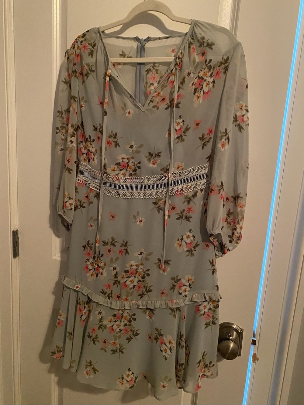 Donna Morgan Powder Blue Floral Midi Dress with Lace Waist